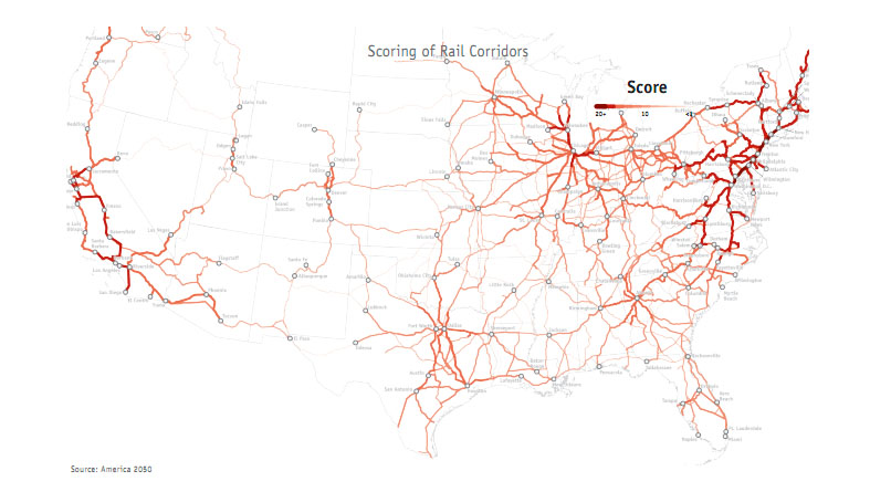 The darkest reds are the places with the best chances for success with high speed rail. Courtesy of ##http://www.america2050.org/##America 2050##