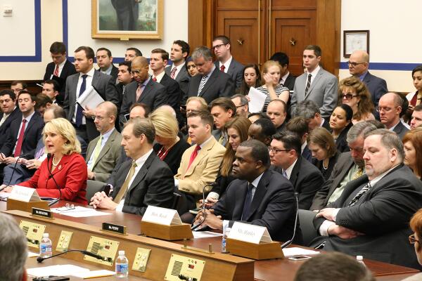 From left to right, Oklahoma Governor Mary Fallin, Catepillar Group President Stuart Levenick, Atlanta Mayor Kasim Reed and Lawrence Hanley, president of the Amalgamated Transit Union, testified before House transportation leaders today. The event kicked off a new transportation bill reauthorization process. Image: ##http://transportation.house.gov/calendar/eventsingle.aspx?EventID=364867## House T&I Committee##