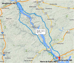 Want to walk across the Susquehanna River between Havre de Grace and Perryville, Maryland? That one-mile car trip will take you nearly 100 miles and 33 hours to walk. Image: Google Maps
