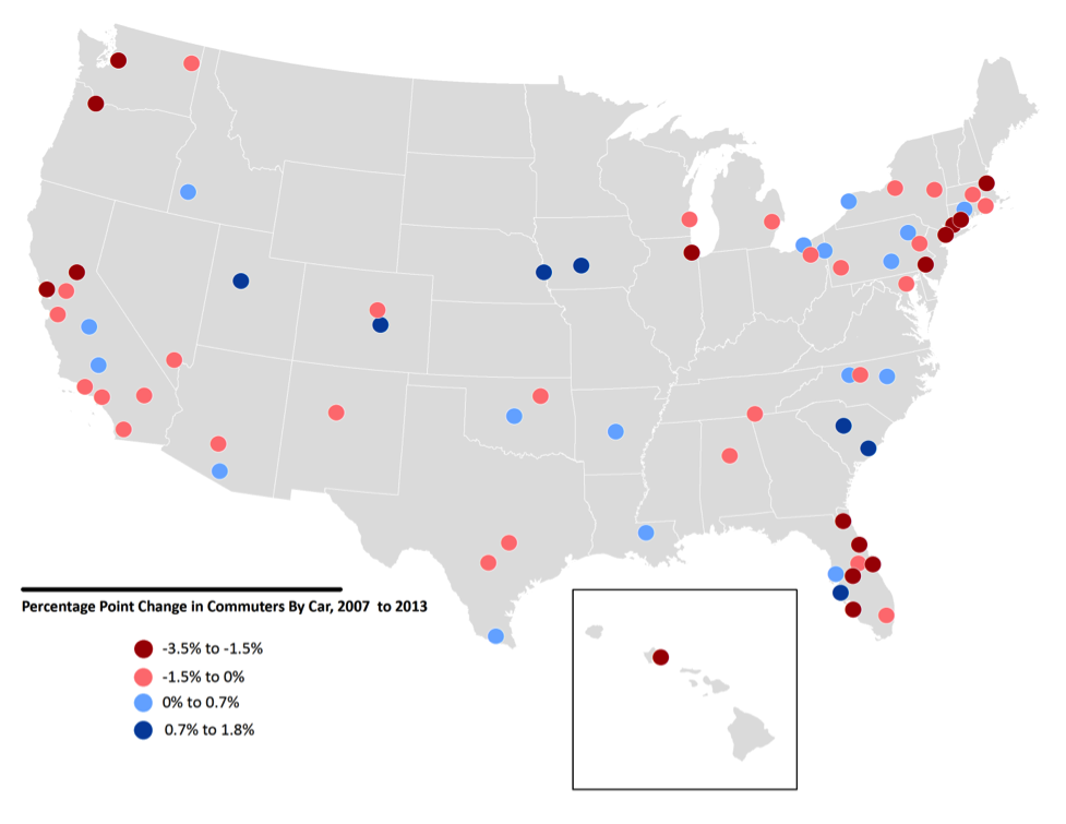 Change in share of Generation X Commuters (aged 25-54) driving to work, 2007 to 2013. Image: Brookings, from analysis of American Community Survey data