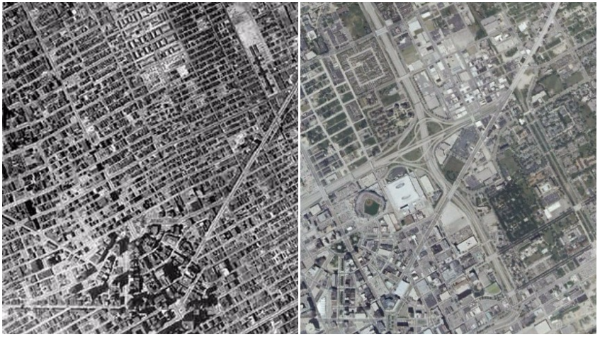 Detroit in 1949 versus how it appears today. Images: AtDetroit.net via Streetsblog