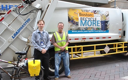 Alex Epstein, left, a researcher with U.S. DOT's Volpe Center, has been studying how side guards (shown in yellow) can help save cyclists. Boston developed a side guard policy with his help. Photo: Volpe