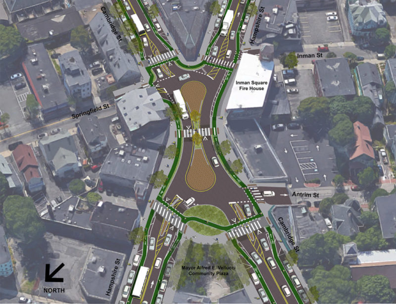 At this irregular intersection in Cambridge, the city plans to improve safety with what the locals call a "peanutabout." Image via Boston Cyclists Union