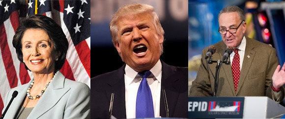 Chuck Schumer and Nancy Pelosi have followed along with an exaggerated narrative about America’s infrastructure needs, and that is leading them to dangerous conclusions. Pelosi photo: Wikimedia Commons; Trump photo: Gage Skidmore/Flickr; Schumer photo: NASA/Bill Ingalls, via Wikimedia Commons