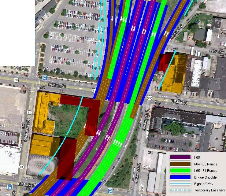 I-64 through downtown Louisville was widened to 12 lanes, requiring the demolition of more than a dozen buildings. Image: Broken Sidewalk