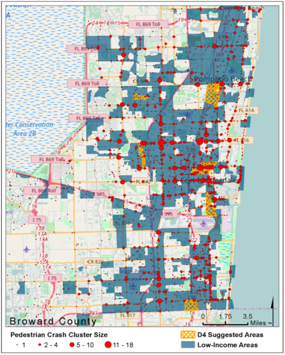 D4 areas are areas Florida DOT's Fourth District have suggested for interventions. Map: CUTR at University of South Florida.