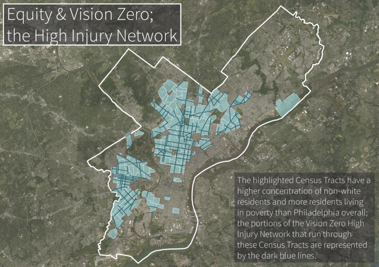 Low-income neighborhoods with higher than average non-white populations show in light blue. "High Injury Network" streets shown in dark blue. Map: Bicycle Coalition of Greater Philadelphia