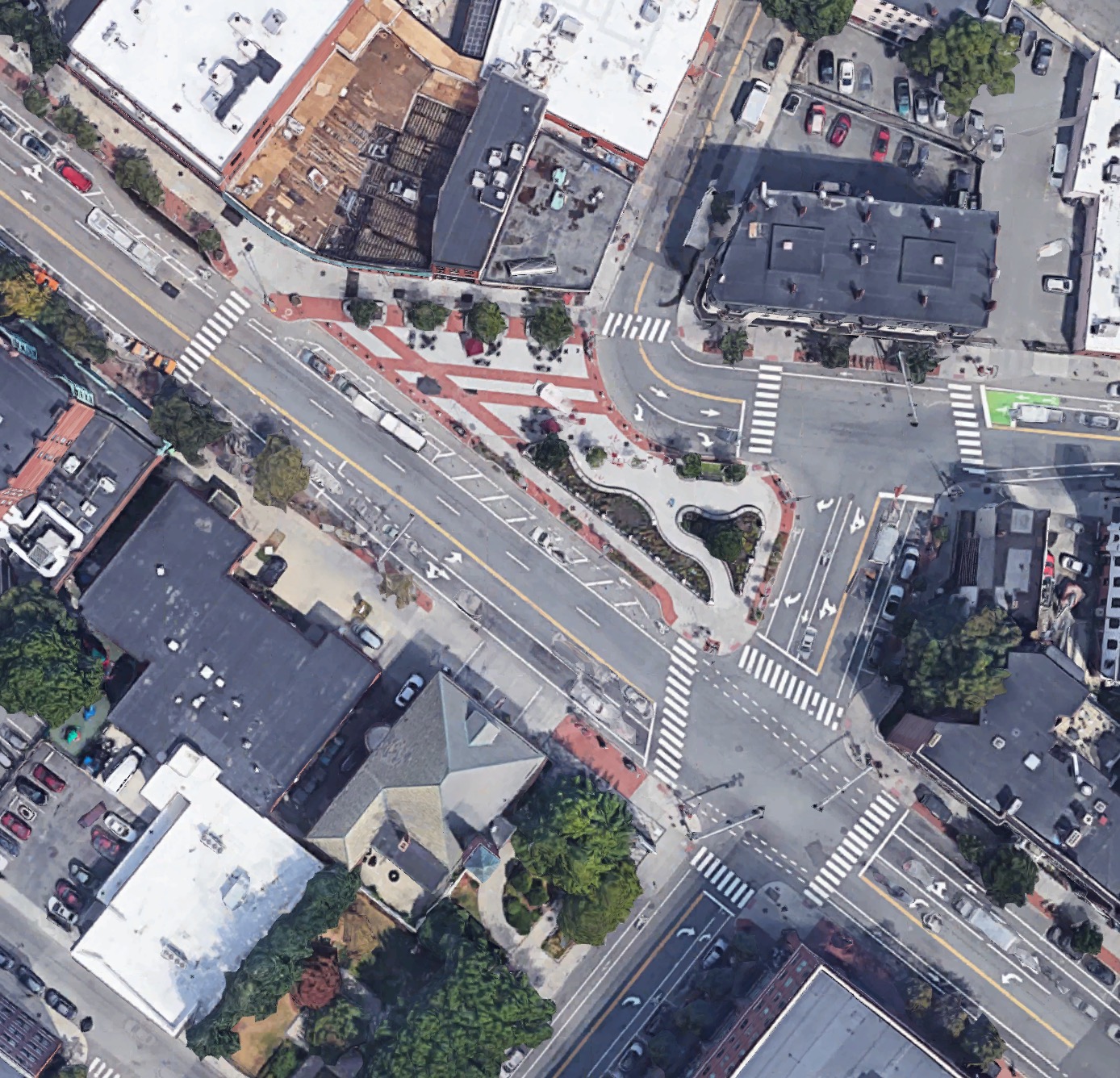 The recent fork repair in Lafayette Square, Cambridge. (Image: Google Earth)