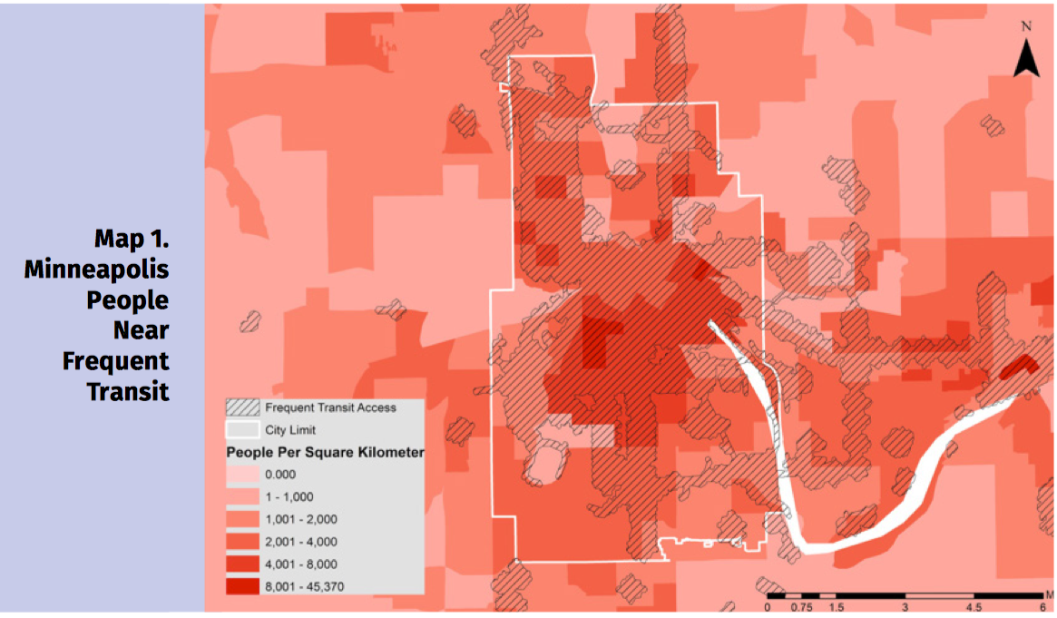In Minneapolis, 73 percent of the population has access to frequent transit. Graph: ITDP