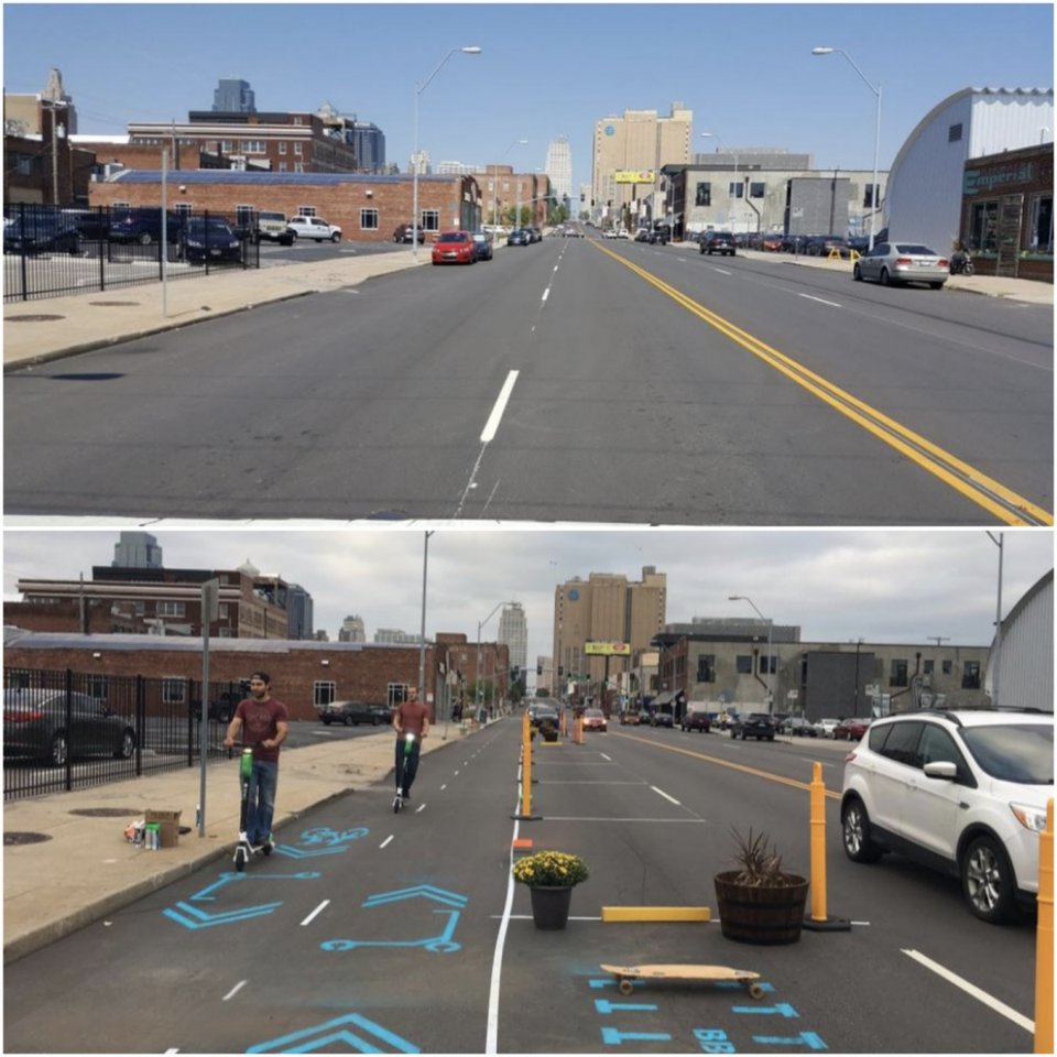 Kansas City's pop-up bike/scooter lane. Photo: BikeWalkKC