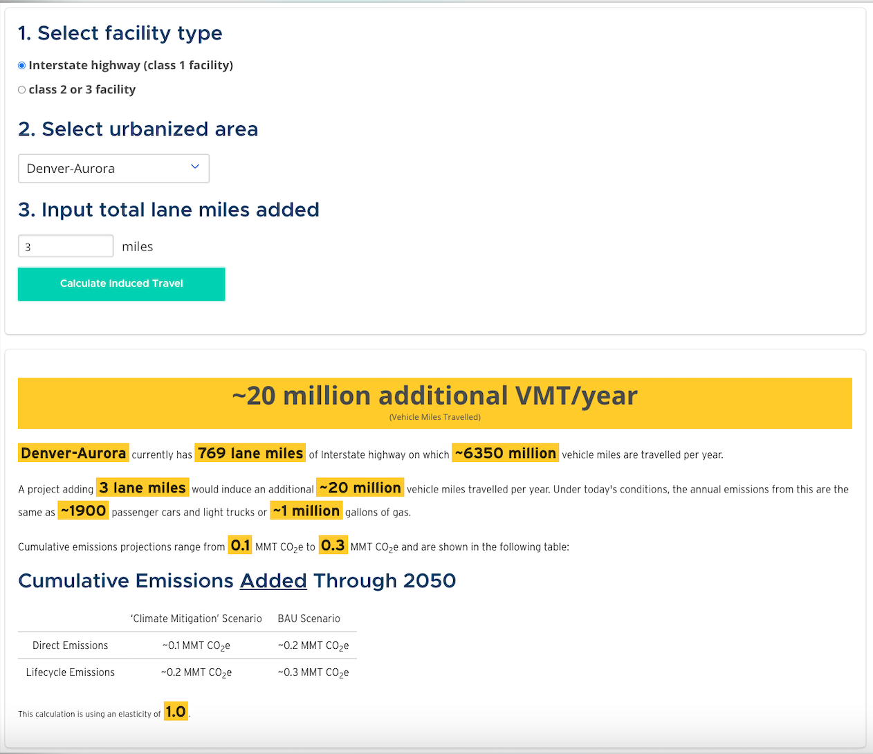 A sample calculation from the RMI induced demand calculator.