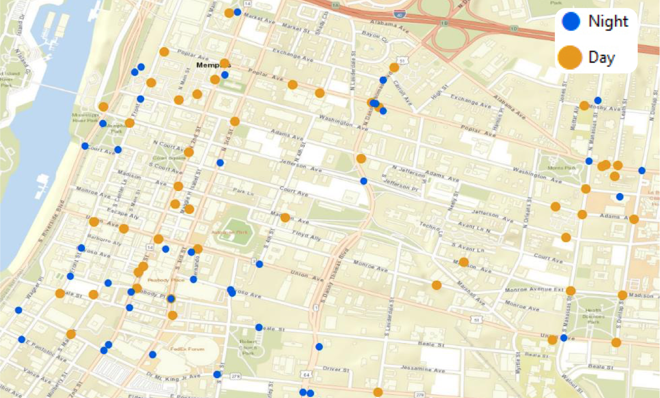 A conventional map of night-time vs. daytime crashes in Memphis, not accounting for dusk or dawn, via Evari