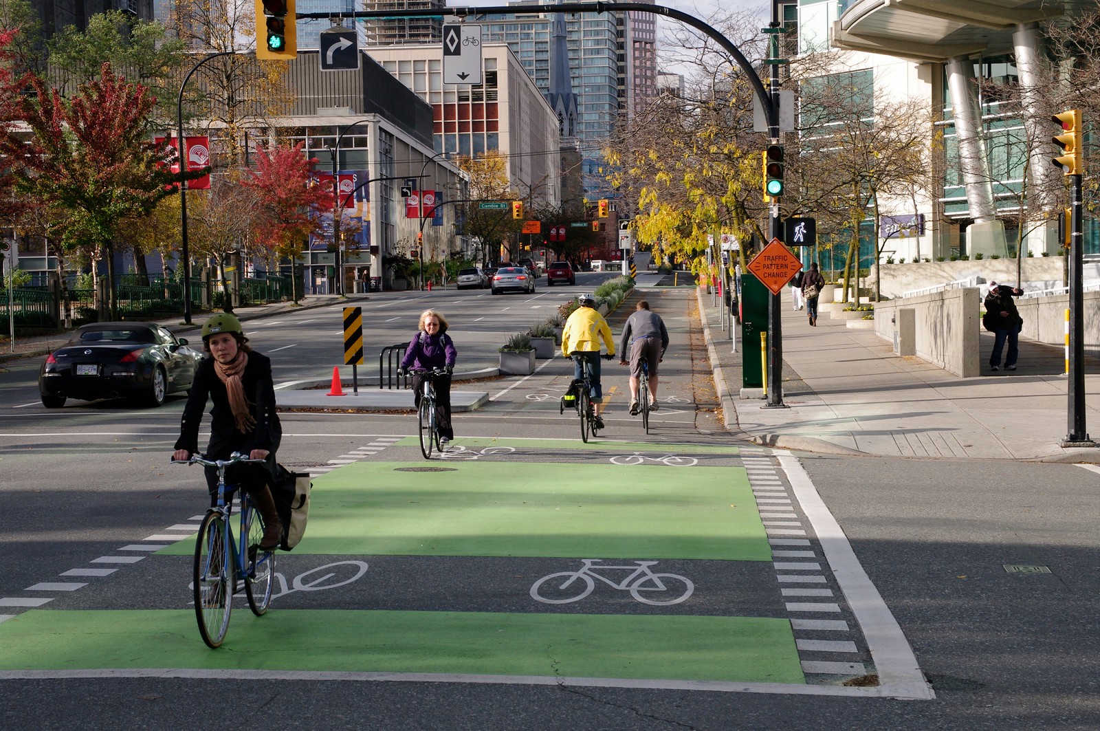 In Vancouver, protected bicycle lanes are clearly marked with green paint at intersections. Photos: Paul Krueger.