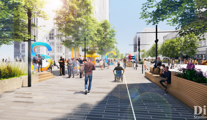 Image depicting potential realignment of Main Street to prioritize a variety of community uses, removing single-occupancy vehicular use from the corridor. 